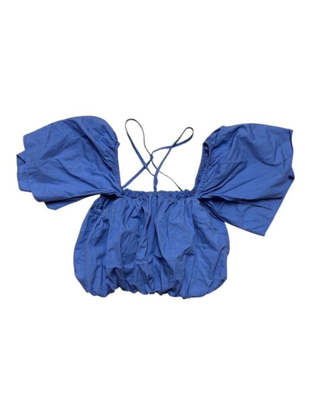 Zara Blue Puff Sleeve Bubble Crop Top Women’s Medium Cotton Open Back